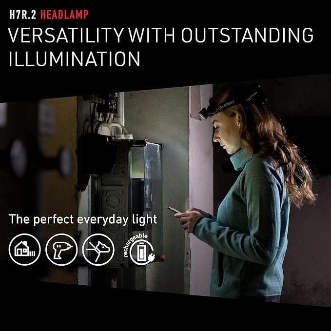 Ledlenser H7R.2 Rechargeable Headlamp - Black - Advanced Focus System & High Power LED Headlamp - Dual Power Source & Head Light LED - 300 Lumens Tactical Helmet Light