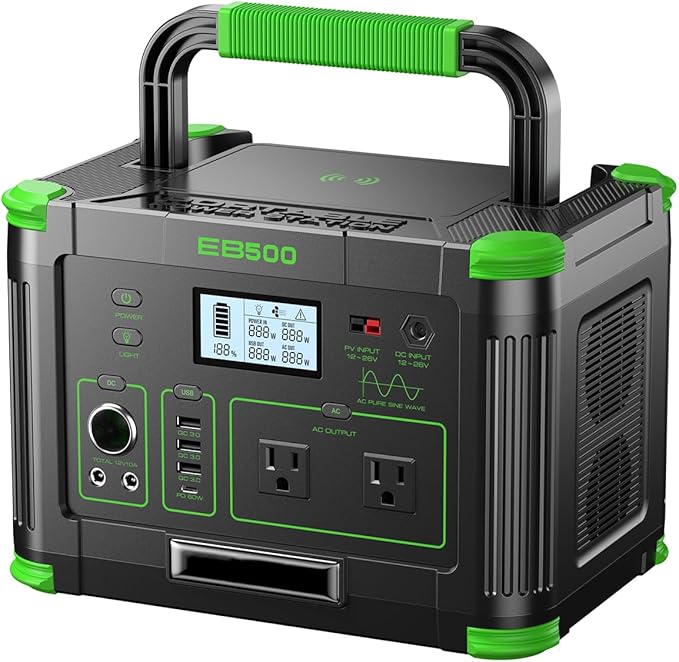 500W Portable Power Station, 519Wh Outdoor Solar Generator Backup Battery Pack with 2 110V AC Outlets, 500W (Peak 1000W) 10-Port Powerhouse for RV/Van Camping Fishing Climbing Road Trip Home Emergency