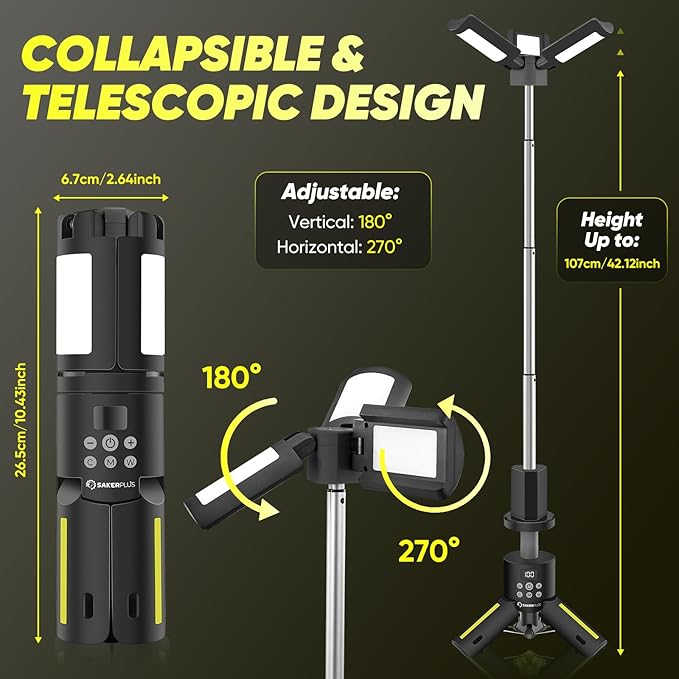 Portable Camping Lights with Stand, 5000LM Rechargeable LED Flashlight, 9 Color Modes, Collapsible Camping Lantern Tent Light with Magnetic Base for Power Outages, Camping & Emergency(Black)