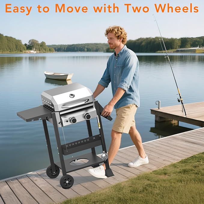 Propane Gas BBQ Grill 2-Burner Barbecue Grills with Cast Iron Frying Pan and Grates Combo, 16000 BTU Output Stainless Steel Grill for Outdoor Cooking, Patio, Backyard Party