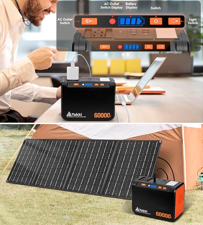 Takki 250W Portable Power Station 222Wh Camping Backup Lithium Battery with Pure Sine Wave AC Outlet 110V Solar Generator for Camping CPAP Home Use Backup Emergency Laptop