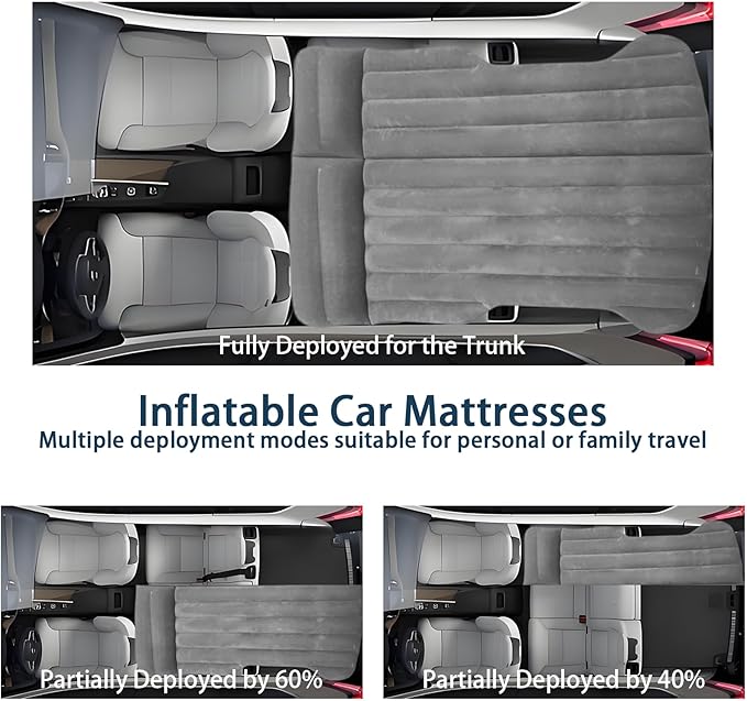 Car Air Mattress - Inflatable Camping Bed Compatible with Tesla Model Y, Thickened Flocked AirBed for Trunk/Backseat/Sedan/SUV/RV, Sleeping Pad with Pump and 2 Pillows for Camping Travel Outdoor Grey