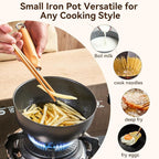 WANGYUANJI 1.5QT Iron Saucepan with Lid, Hammered Milk Pot for Boiling Ramen, Removable Wood Handle for Camping & Storage, Non-Coated Small Cookware for Single Serving, Induction Compatible