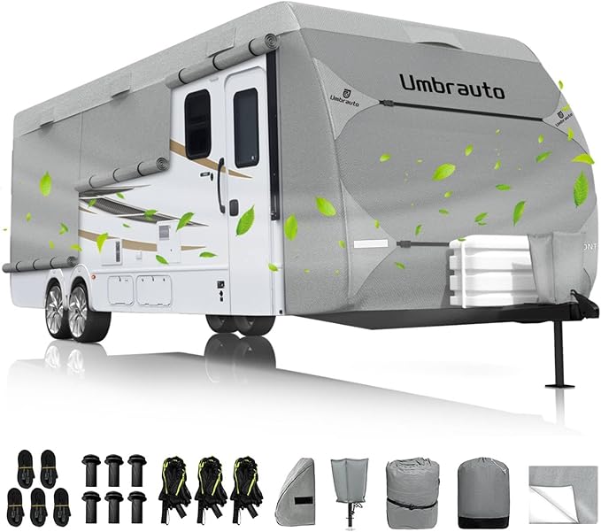 Umbrauto RV Cover Fits 35-38ft Travel Trailer: Lightweight, Waterproof Camper Cover for Toy Hauler, Winter Campsite, with Gutter Covers, Tongne Jack Covers, Windproof Straps