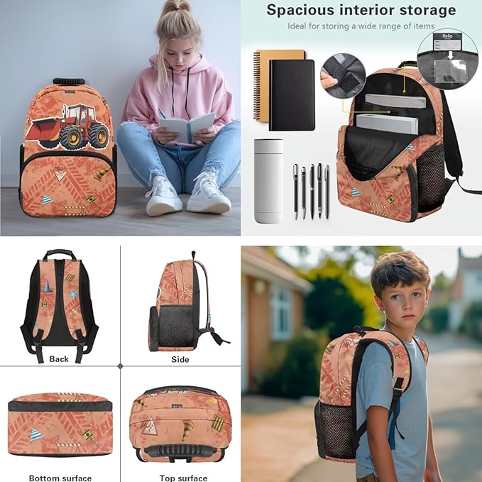 Boy Backpack and Lunch Box Set Lightweight Kids Scooper Construction Truck Backpack Elementary School 4 in 1 Set Kids Book Bag for School Travel Shoulder Bag Daypack