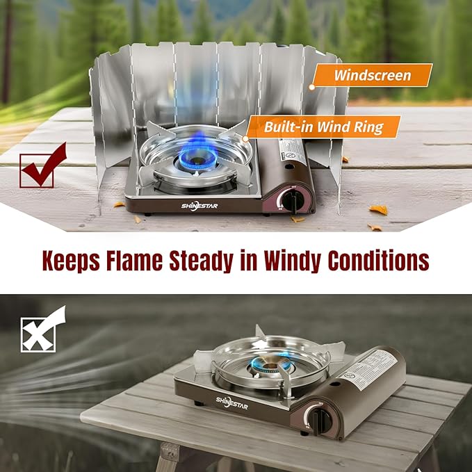 SHINESTAR 14000 BTU Butane Camping Stove, Double Wind-Guard Portable Butane Stove for Camping, Hiking, Emergencies, Tailgating Essentials, Carrying Case Included, Brown