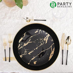 PARTY BARGAINS 13-Inch Charger Plates - 8 Pack, Organic Collection Black Gold Rim, Heavy-Duty Disposable Chargers for Elegant Dining - Ideal for Weddings and Formal Events