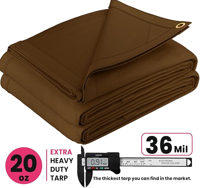 PROTARP Extreme Heavy Duty 20 OZ Water Resistant Canvas Tarp, UV Resistant Tarpaulin Cover with Rustproof Brass Grommets, Multipurpose for Canopy, Roof, Camping, Woodpile (Brown 20'X20')