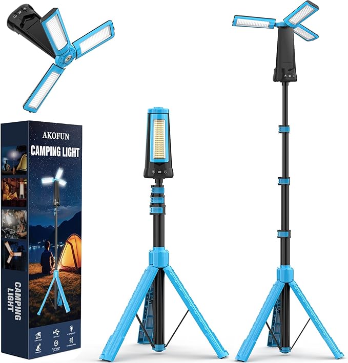 15000 mAh Rechargeable Camping Light with Stand, Cordless Work Light with 3 LED Lamp Heads, 5500 Lumens Dimmable Camping Essentials Gear Emergency Flashlight with 86" Detachable Tripod, Blue
