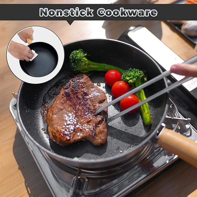 KingCamp 8" Frying Pan Skillet 304 Stainless Steel Nonstick Cookware, Detachable Bamboo Handle with Tote Bag - Use On Open Flame, Charcoal, Wood, Stove or Induction Cooker