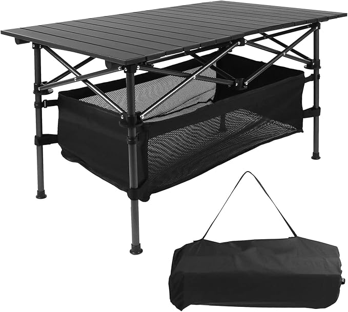 Folding Camping Table, Portable Aluminum Roll-up Lightweight Picnic Table with Large Storage Basket and Carrying Bag for Camping, Picnic, BBQ, Beach, Party, Backyard