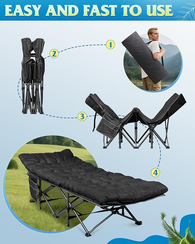 WLIVE 1200D Double Layer Oxford Camping Cots for Adults, Folding Sleeping Cot with Mattress, Outdoor Portable Bed with Carry Bag for Resting, Camping, Black