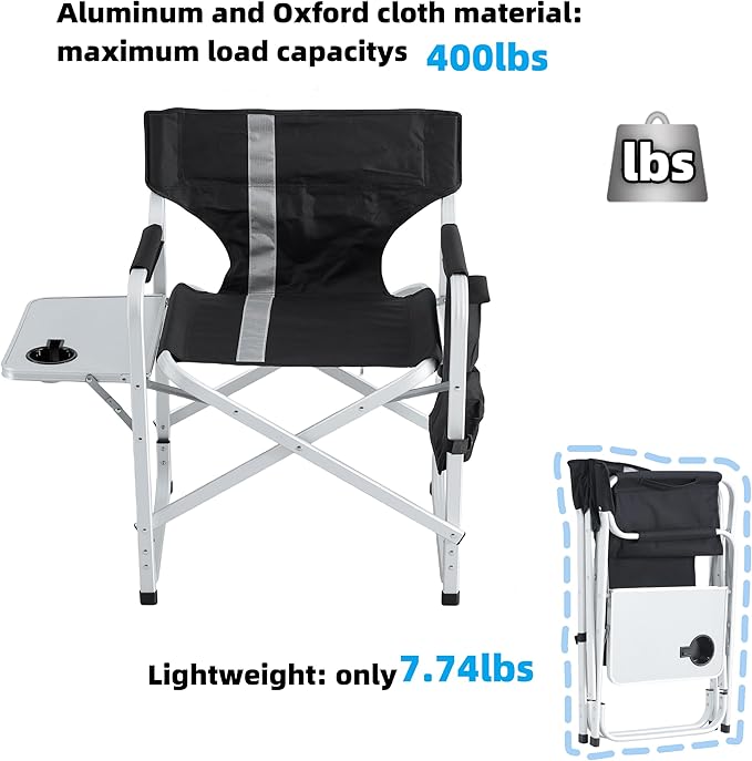 400LBS Heavy Duty Camping Director Chair - Lightweight Aluminum Frame with Foldable Side Table, 600D Oxford Seat & 3 Storage Pockets, Portable for Camping,Sports,Indoor/Outdoor Adults Use