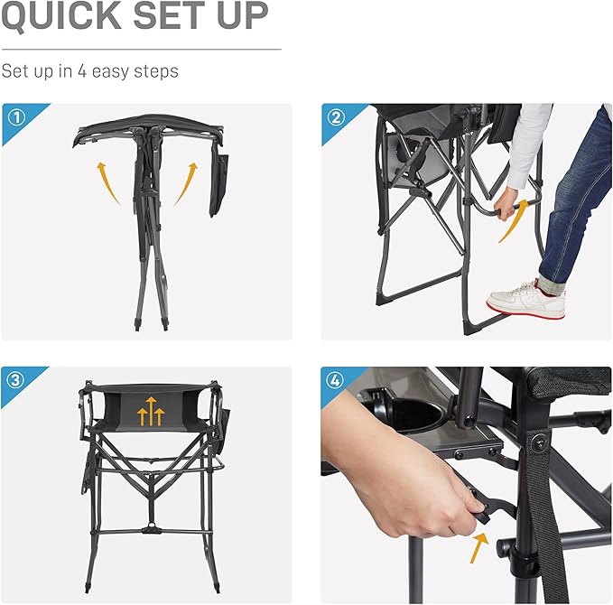 EVER ADVANCED 2 Piece Portable 30.7" Seat Height Tall Folding Camping Chair Directors Chair High with Side Table for Makeup Artist, Sports Event, Craft Show, Supports 350LBS