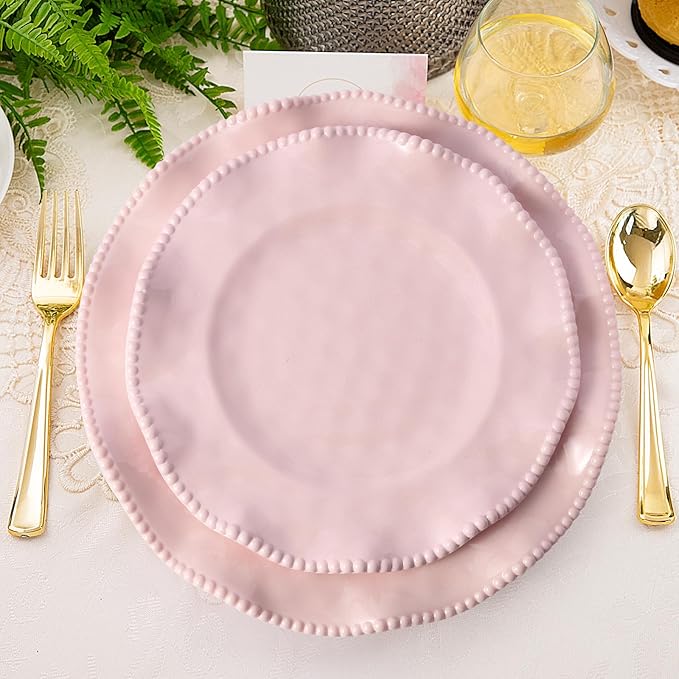 ADSURMELA 6-Piece Pink Melamine Dinnerware Set, Service for 2, Beaded Edge Scalloped Plates with Silver Glitter, Heavy Duty Shatterproof Unbreakable, Elegant for Bridal Shower Wedding Party Outdoor