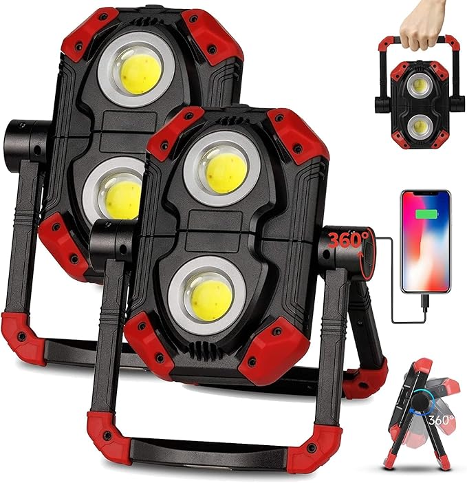 Yzoni 2 Pack LED Work Light Rechargeable, 2 COB 2500LM Folding Portable Flood Light with Magnetic Base and 360° Rotation Stand, Spotlights for Camping Car Repairing Emergency Job Site Lighting