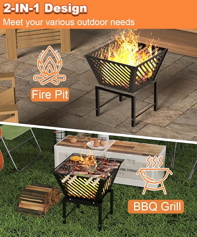 Outdoor Fire Pit — 17 Inch Portable with Storage Bag for Camping, Patio Heating, Picnic and BBQ, Trapezoid Diagonal Hollow, Black