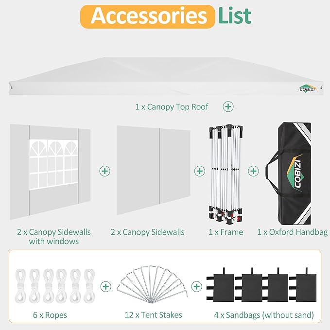 COBIZI 10x20 Pop Up Canopy: Canopy Tent with Patented Center-Lock Tech | Quick-Setup,UV-Reflective & Detachable Walls | 210D Waterproof |3 Height Adjustments for Parties,Weddings,Outdoor Events(White)