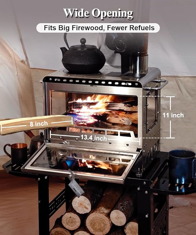 TOMOUNT Hot Tent Stove,Wood Stove with Frame Base,with 7 Chimney Pipes,304 Stainless Steel with heat-resistant Glass Window