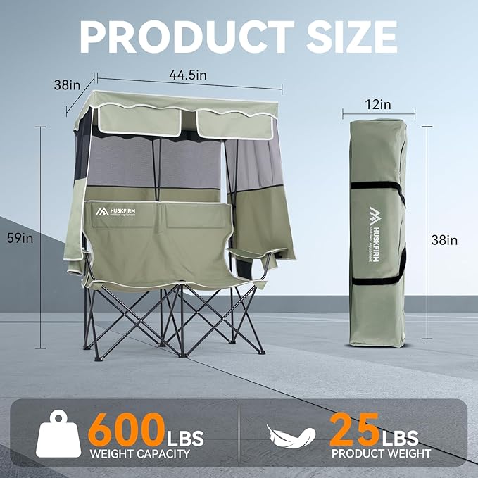 Double Camping Chair with Shade Canopy 2 Person Folding Chair with Canopy Portable Beach Chair Heavy Duty Camping Chair with Two Cup Holders and Side Pocket for Outside Camping,Beach,Sports