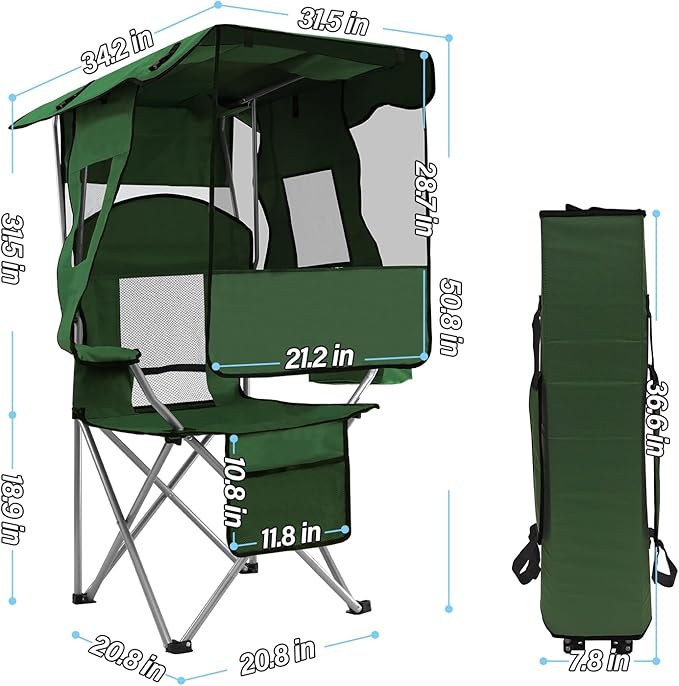 ptlsy Folding Camping Chair with Canopy, Beach Chair with Canopy Shade with Cup Holders, Cooler Bag for Camping, Fishing, Beach, Sports and Concert (Green)