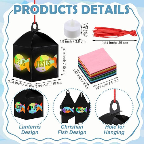 12 Sets Easter Crafts Religious Fish Crafts with LED Candle Light DIY Faith Jesus Fish Tissue Paper Kits Religious Hanging Ornament for Church Sunday School VBS Classroom Activities