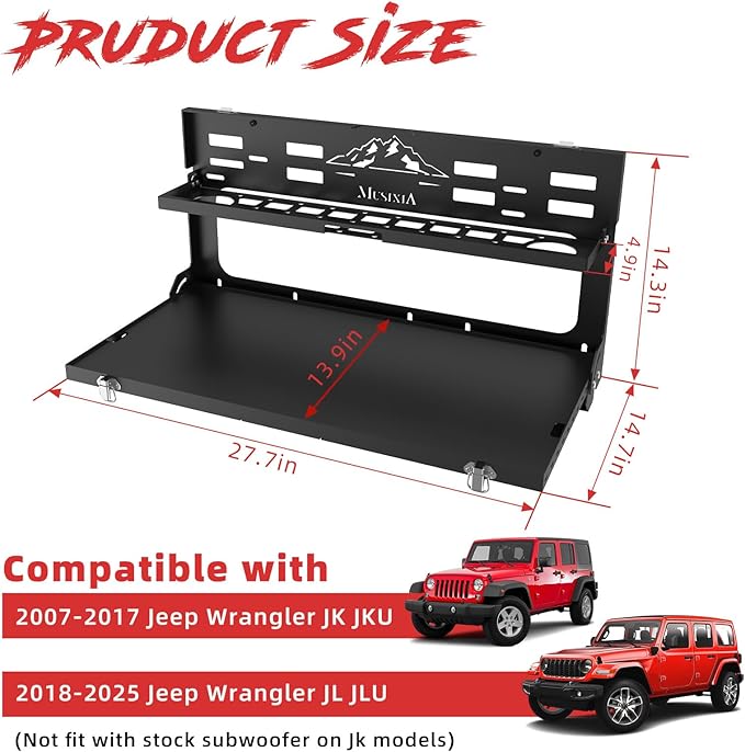 MusixiA Foldable Tailgate Table for Jeep Wrangler JL & JLU Wrangler JK & JKU(2007-2025) - Double-Layer Storage Cargo Shelf with Molle Panel, Aluminum Alloy