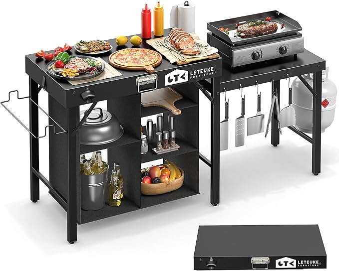 Leteuke Grill Table for Blackstone Griddle, Portable Foldable Grill Table with Storage Fits Ninja, Blackstone Griddle Stand for Outdoor Camping, Picnic, Garden, Patio, Dining, BBQ, Party