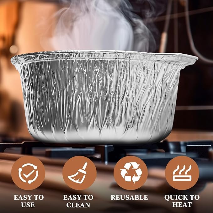 Disposable Aluminum Pot with Lid Round Foil Pans Disposable Cookware Food Container for Vacation Trips Camping Baking Heating Cooking(12 Pcs,74.4 oz)