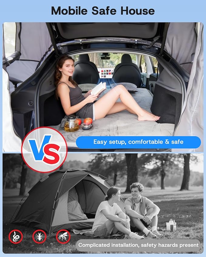 Camping Tent with Canopy for Tesla Model Y Juniper Accessories 2025 2026 [UPF50+ & Waterproof PU 3000mm] 420D Oxford Fabric Car Tailgate Shade Awning with Screen Net for 7-8 Person - Grey