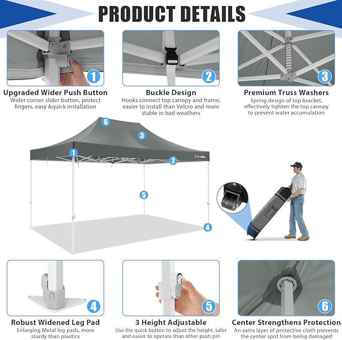 HOTEEL 10x15 Heavy Duty Pop Up Canopy Tent for Parties Event Wedding Commercial Canopy Instant Portable Folding Tent with Roller Bag, Waterproof UV Resistant, Upgraded Thick Hexagonal Legs, Gray