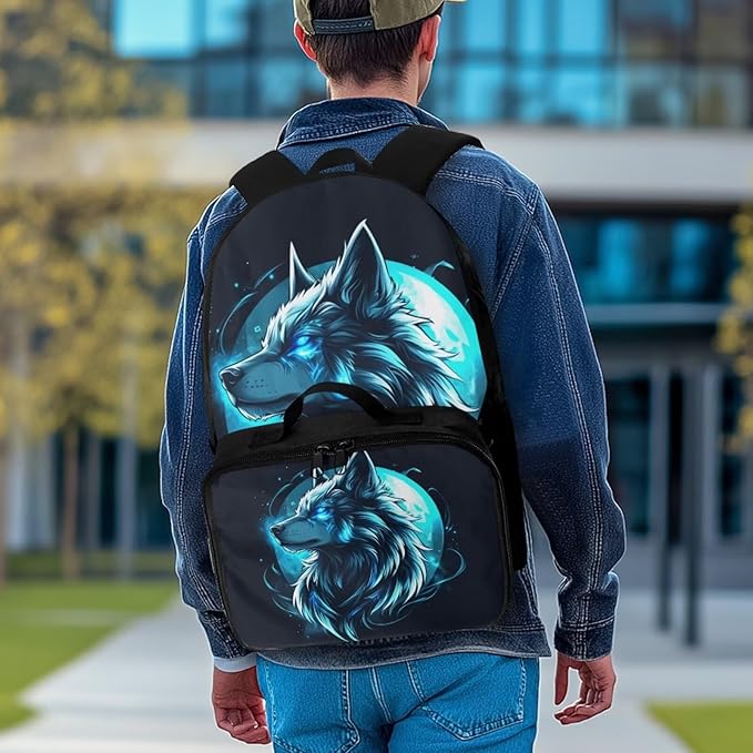 Wolf Backpack with Lunchbox Blue Bookbag for Men Large Capacity School Bag with Adjustable Shoulder Strap for Outdoor Travel Hiking Camping