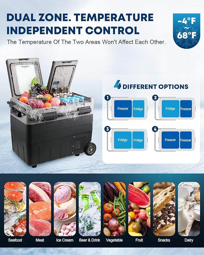 Kohree 12V Car Refrigerator, 53 Quart (50L) Portable Refrigerator, Dual Zone -4℉-68℉ Car Fridge Portable Freezer 12/24V DC and 100-240V AC for RV, Camping,Travel