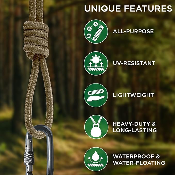 TECEUM Rope – 90 Feet x 1/4 Inch (7mm) – Coyote Brown – Strong All-Purpose Utility Rope – Camping, Crafting, Flag Pole, Indoor & Outdoor – Polypropylene Nylon Poly Lightweight Diamond Braided Cord
