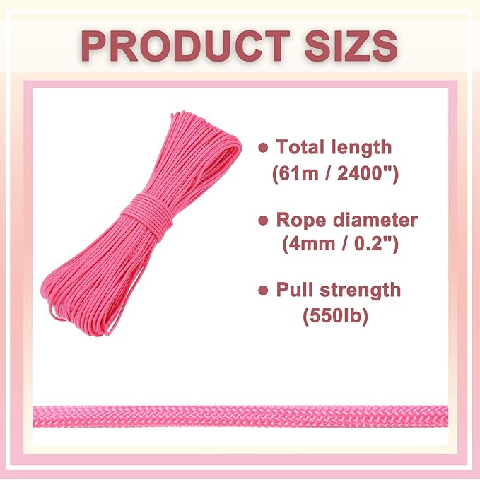 PATIKIL 550lb Paracord Rope 200ft, 4mm Tent Rope, 7-Strand Core Heavy Duty Cord for Outdoor Camping Hiking Tent Survival Utility Rope, Fluorescent Pink