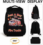 Kids School Backpack for Boys, 17 Inches Fire Truck Backpacks for Primary Elementary Grade, Cartoon Trucks Pattern Large Capacity Bookbag for Children Travel Camp