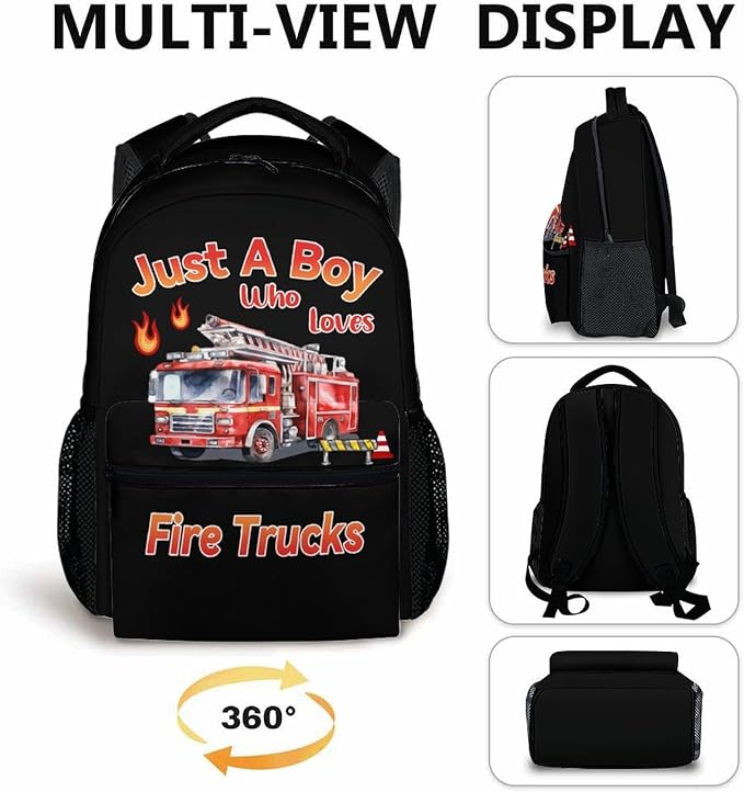 Kids School Backpack for Boys, 17 Inches Fire Truck Backpacks for Primary Elementary Grade, Cartoon Trucks Pattern Large Capacity Bookbag for Children Travel Camp