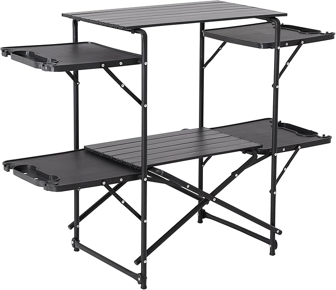 Slim-Fold Camping Kitchen Table, Metal Folding Portable Outdoor Cook Station with 4 Side Tables, 2 Storage Shelves & Carrying Bag, Heat Resistant Quick Set-Up for Picnic BBQ