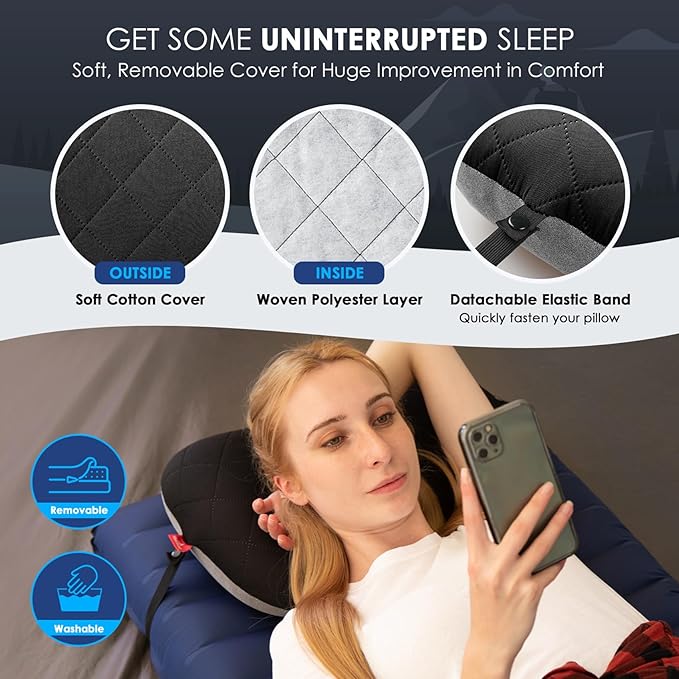 Hikenture Camping Pillow with Removable Cover - Ultralight Inflatable Pillow for Neck Lumbar Support - Upgrade Backpacking Pillow - Washable Travel Air Pillows for Camping, Hiking, Backpacking