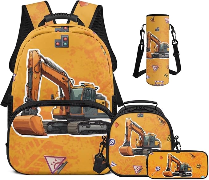 Excavator Backpack and Lunch Box Set Boys Kids Backpack Elementary School Perfect for School, Camping and Other Outdoor Activities
