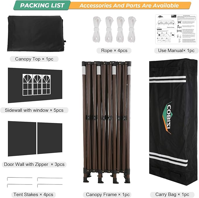 COBIZI Heavy Duty 10x30 pop up Canopy, Commercial10x30 Party Tent for Parties Waterproof Gazebos with 8 Sidewalls, All Season Wind & Waterproof UPF50+,Stable Thickened Frame, Black