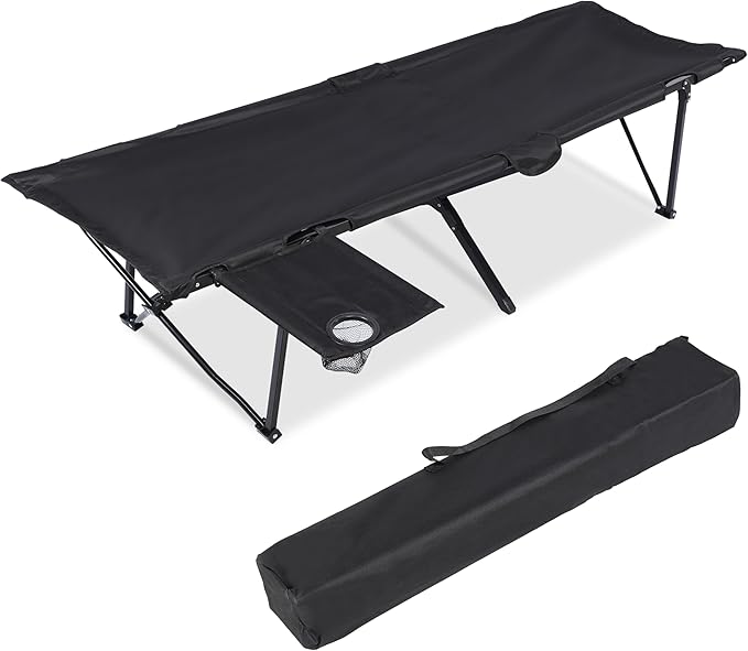 YSSOA Folding Camping Cot with Table for Adults, Portable and Lightweight Sleeping Bed for Outdoor Traveling, Hiking, Easy to Set up, Black