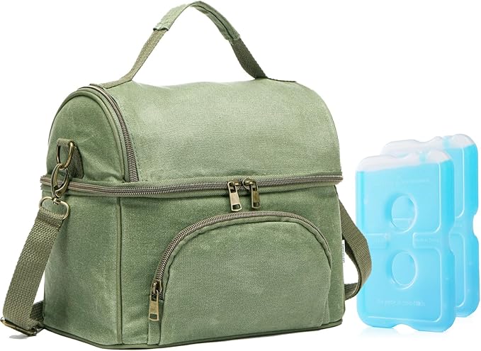 Mens Lunch Box with 2 XL icepacks,Sturdy Waxed Canvas Insulated Lunch Bag for Adult, 2 Compartment Soft Cooler Bag For Work, Picnic, Travel, Outdoors (10.5L) 10"x7"x9.5" (London Green)