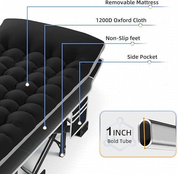 HABUTWAY Camping Cot with Mattress, 32" Extra Wide Camping Cots for Adults, Sleeping Cot for Adults Holds Up to 602LBS, Cots for Sleeping, Camp, Rv, Beach, Patio, Office Naps, 2PCS (Black)