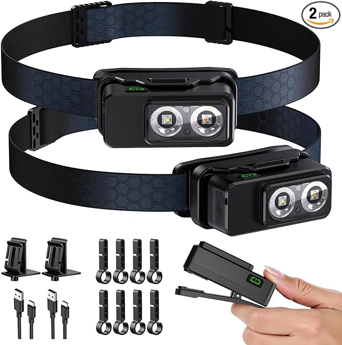 Headlamp Rechargeable 2PCS, Super Bright Motion Sensor Head Lamp with 8 Modes, Head Lights for Forehead with Clip & Magnetic, IPX7 Waterproof Led Headlamp for Camping, Hunting, Hard Hat