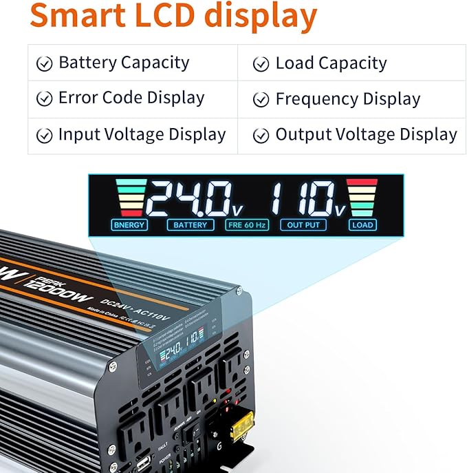 Power Inverter DC 24V to AC 110V/120V Converter with LCD Display Wireless Controller, Cable Pair,AC outlets USB.RV Travel,Suitable for Camping,and Off-Grid Solar Systems (6000w-24v)