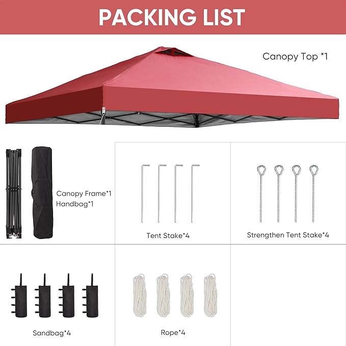 GDY 12x12 Pop Up Canopy Patio Carpas, One Push Set up with Central Lock Canopy with Wheeled Carry Bag, Included 4 Sandbaogs,8 Stakes and 4 Ropes, Red
