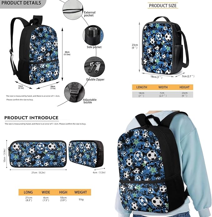 Rnyleeg Soccer Backpack for Boys 6-8 with Lunch Box Novelty Blue Camo Kids Backpack Set Large Capacity Bookbag Set of 3 for Primary School Back to School Supplies