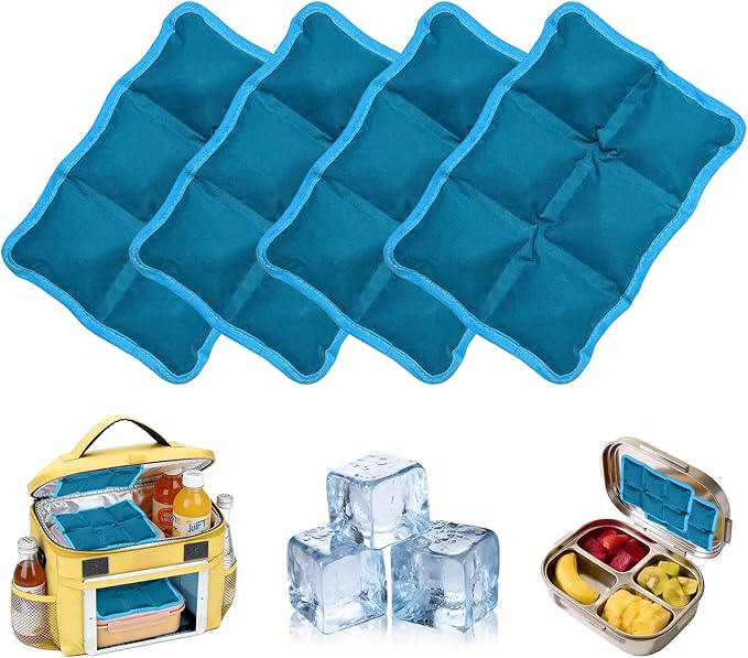 4pcs Reusable Ice Packs for Lunch Boxes & Coolers, (6”x4”x0.7”) Slim Freezer Packs for School Lunch Bags, Small Non-Toxic Cooler for Picnic & Camping