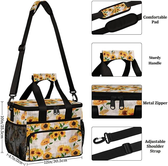 Soft Cooler Bag Vintage Sunflower Flower Insulated Lunch Box for Men & Women, Large Leakproof Lunch Bag Portable Beach Cooler for Work, Picnic, Road Trips,Fishing, Travel, Camping